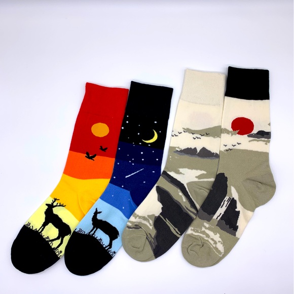 Two Pair Mismatched Outdoors Day Night Sun Moon Orange Blue Yellow Socks - Picture 2 of 5